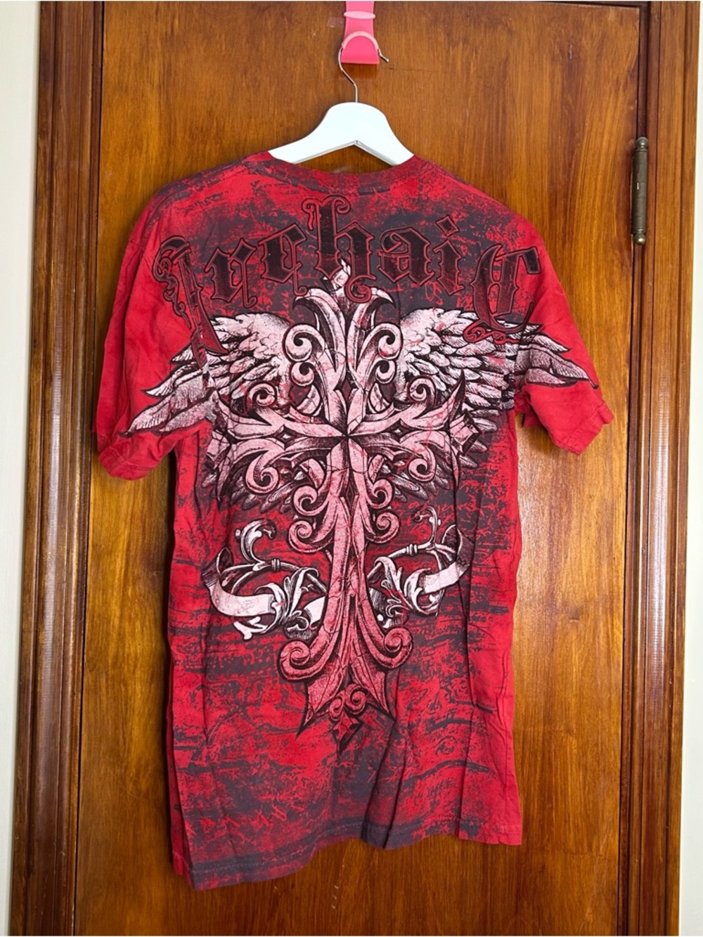 Affliction Short Sleeve Shirt Red Black Archaic Tee Graphic Print Cross Large - Picture 7 of 9